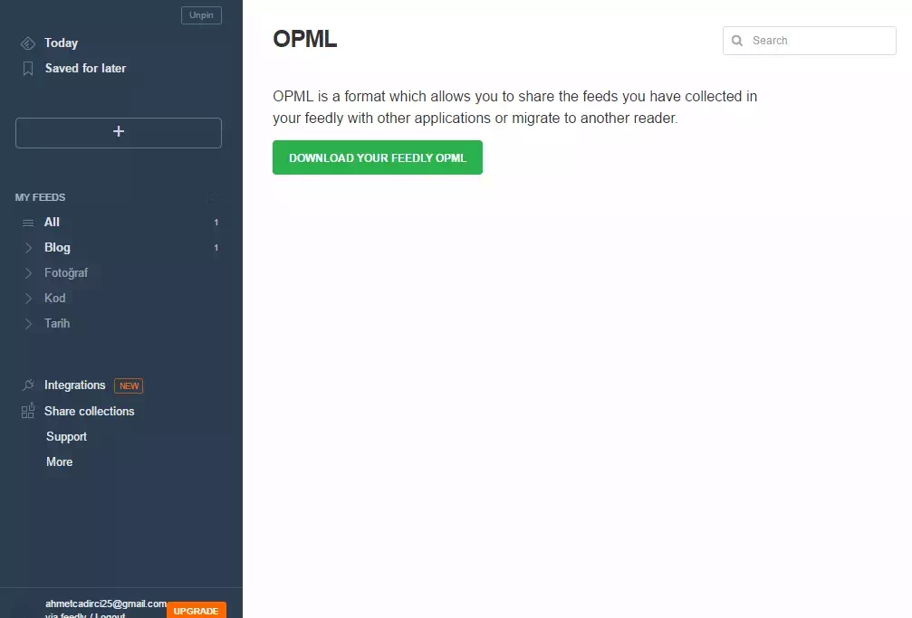 Feedly Dışa Aktarma (Export)