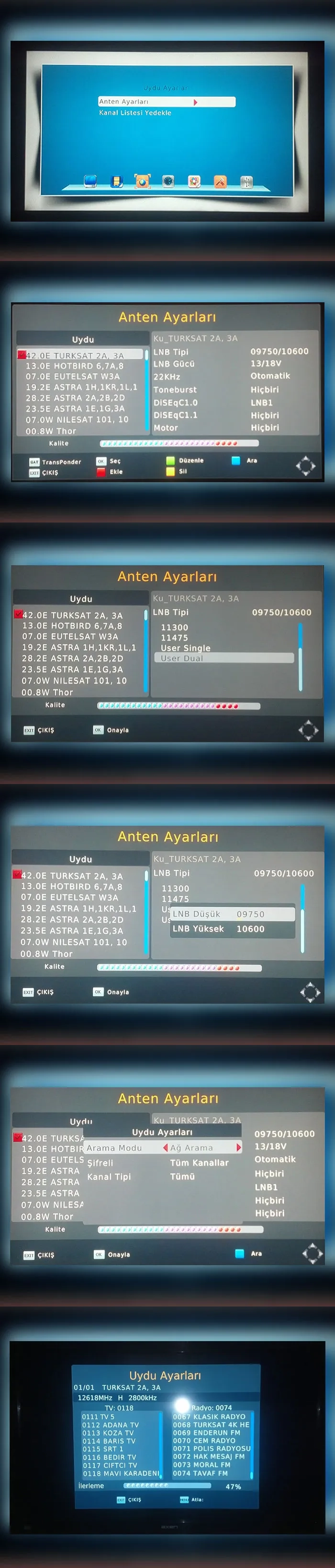 Axen Ax-12050 uydu alıcısının Türksat 4A frekans ayarlanmasını resimli olarak aşağıdaki adımları takip ederek kolaylıkla yapabilirsiniz.